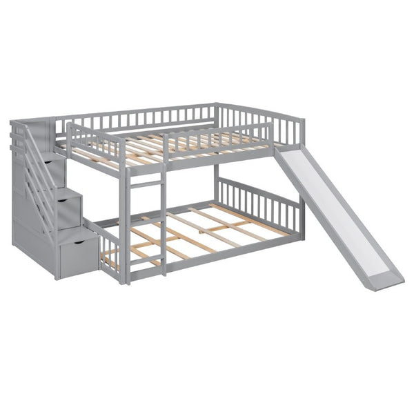 English Elm Stairway Full Over Bunk Bed with Slide Three Drawers and Pine Frame for Kids Gray LT000774AAE