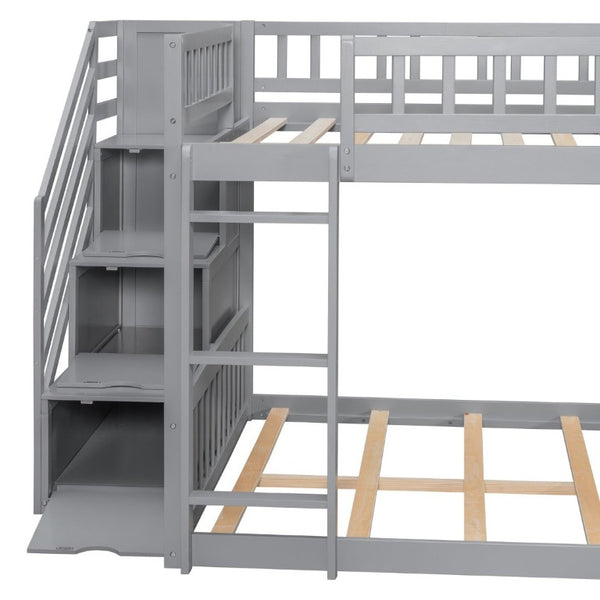 English Elm Stairway Full Over Bunk Bed with Slide Three Drawers and Pine Frame for Kids Gray LT000774AAE