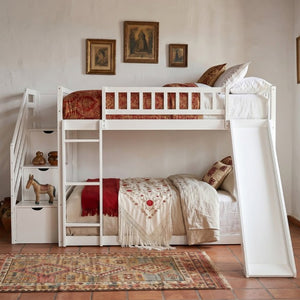 English Elm Stairway Full Over Bunk Bed with Slide Three Drawers and Pine Frame for Kids White LT000774AAK