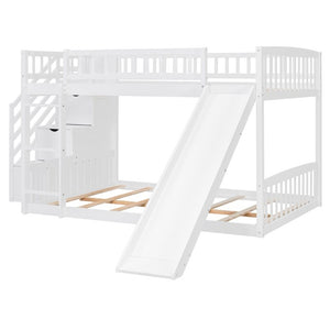 English Elm Stairway Full Over Bunk Bed with Slide Three Drawers and Pine Frame for Kids White LT000774AAK