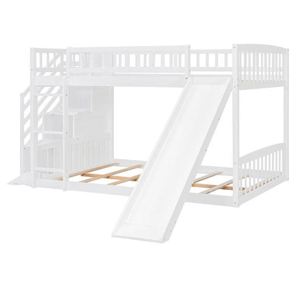 English Elm Stairway Full Over Bunk Bed with Slide Three Drawers and Pine Frame for Kids White LT000774AAK