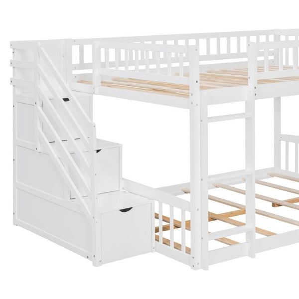 English Elm Stairway Full Over Bunk Bed with Slide Three Drawers and Pine Frame for Kids White LT000774AAK