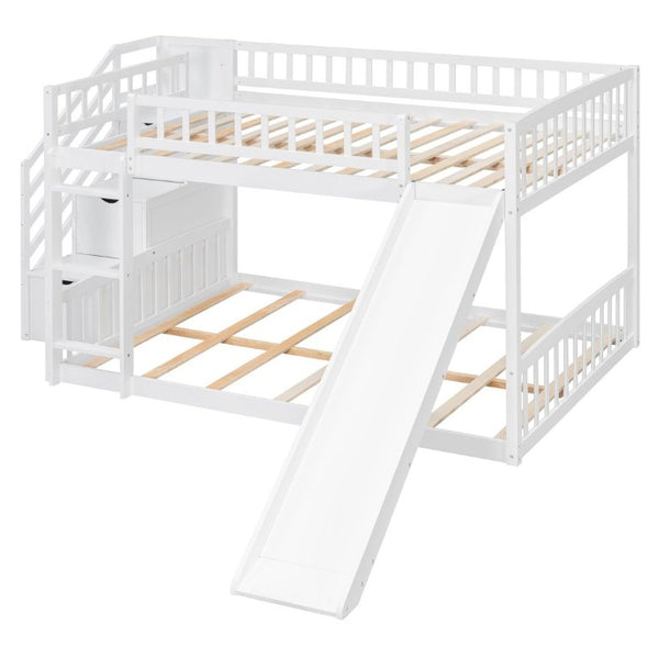 English Elm Stairway Full Over Bunk Bed with Slide Three Drawers and Pine Frame for Kids White LT000774AAK