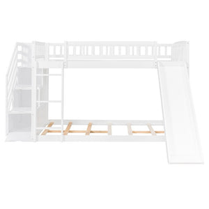 English Elm Stairway Full Over Bunk Bed with Slide Three Drawers and Pine Frame for Kids White LT000774AAK