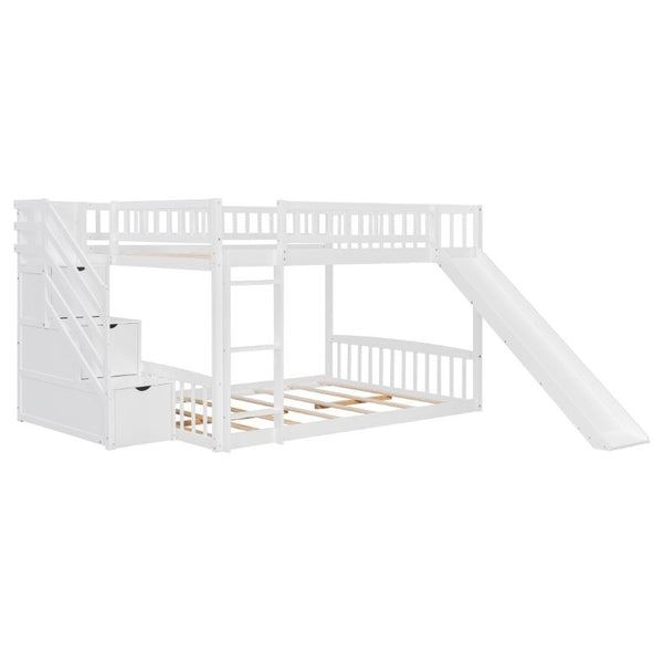 English Elm Stairway Full Over Bunk Bed with Slide Three Drawers and Pine Frame for Kids White LT000774AAK