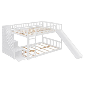 English Elm Stairway Full Over Bunk Bed with Slide Three Drawers and Pine Frame for Kids White LT000774AAK