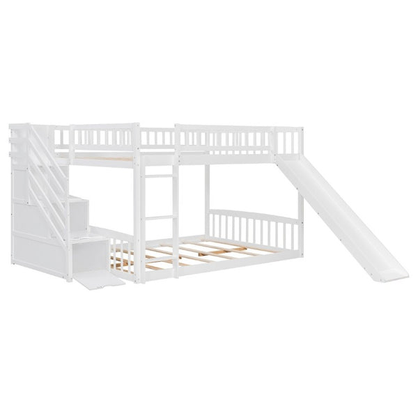 English Elm Stairway Full Over Bunk Bed with Slide Three Drawers and Pine Frame for Kids White LT000774AAK