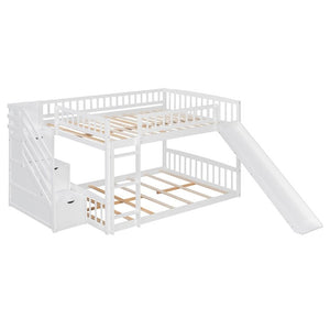 English Elm Stairway Full Over Bunk Bed with Slide Three Drawers and Pine Frame for Kids White LT000774AAK