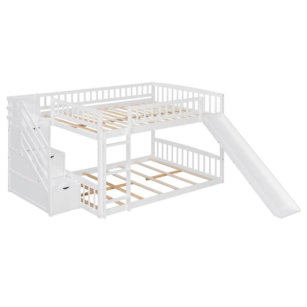 English Elm Stairway Full Over Bunk Bed with Slide Three Drawers and Pine Frame for Kids White LT000774AAK