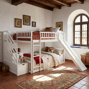 English Elm Stairway Full Over Bunk Bed with Slide Three Drawers and Pine Frame for Kids White LT000774AAK