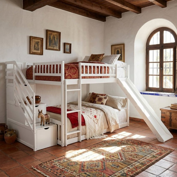 English Elm Stairway Full Over Bunk Bed with Slide Three Drawers and Pine Frame for Kids White LT000774AAK