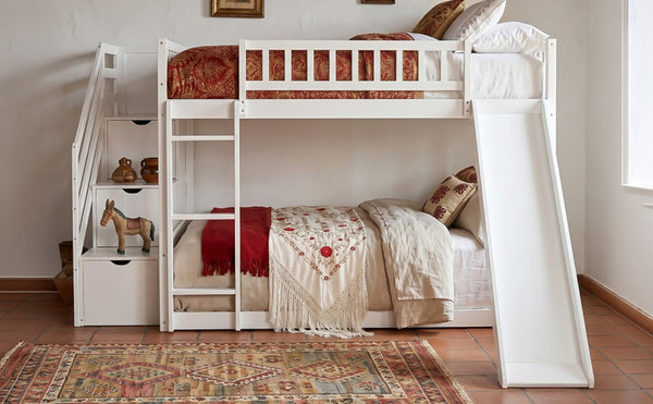 English Elm Stairway Full Over Bunk Bed with Slide Three Drawers and Pine Frame for Kids White LT000774AAK