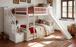 English Elm Stairway Full Over Bunk Bed with Slide Three Drawers and Pine Frame for Kids White LT000774AAK