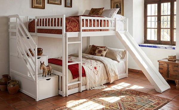 English Elm Stairway Full Over Bunk Bed with Slide Three Drawers and Pine Frame for Kids White LT000774AAK