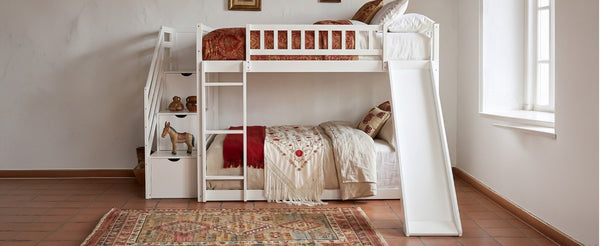 English Elm Stairway Full Over Bunk Bed with Slide Three Drawers and Pine Frame for Kids White LT000774AAK