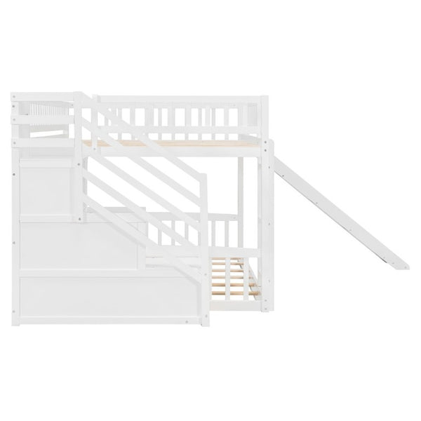 English Elm Stairway Full Over Bunk Bed with Slide Three Drawers and Pine Frame for Kids White LT000774AAK