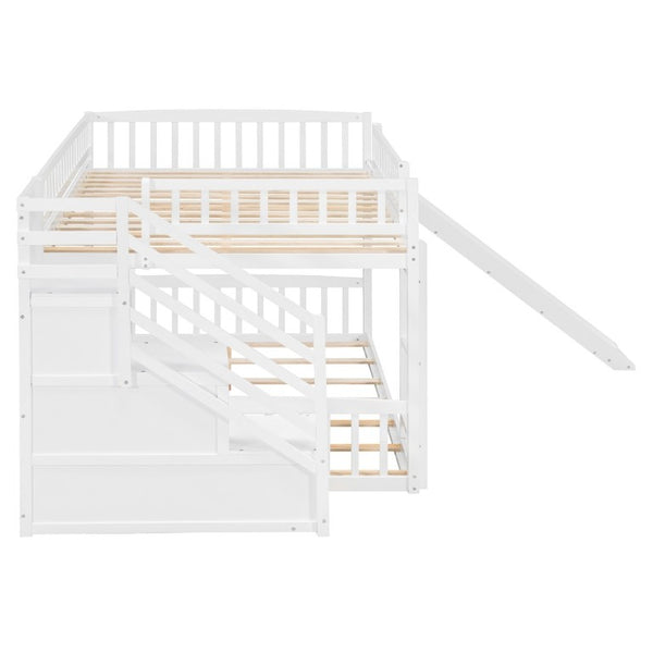 English Elm Stairway Full Over Bunk Bed with Slide Three Drawers and Pine Frame for Kids White LT000774AAK