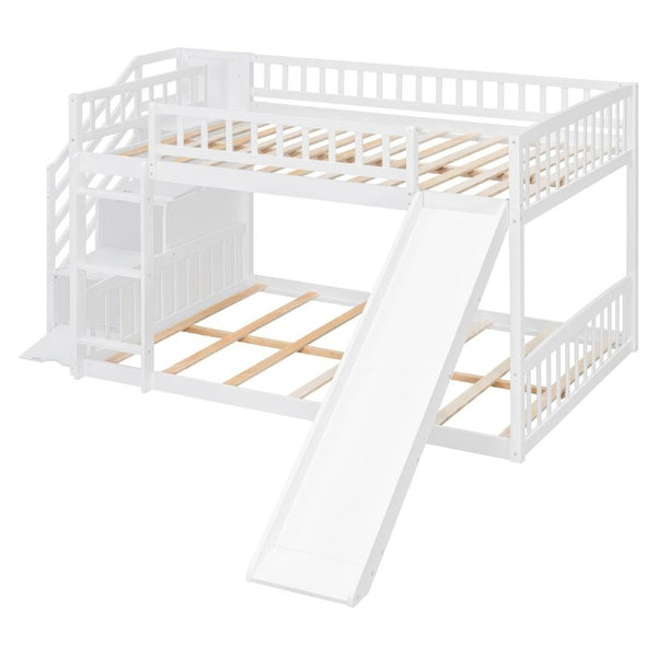English Elm Stairway Full Over Bunk Bed with Slide Three Drawers and Pine Frame for Kids White LT000774AAK