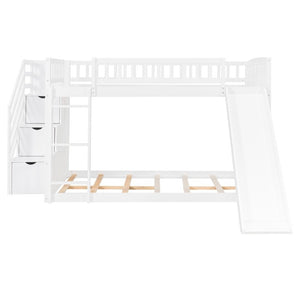 English Elm Stairway Full Over Bunk Bed with Slide Three Drawers and Pine Frame for Kids White LT000774AAK