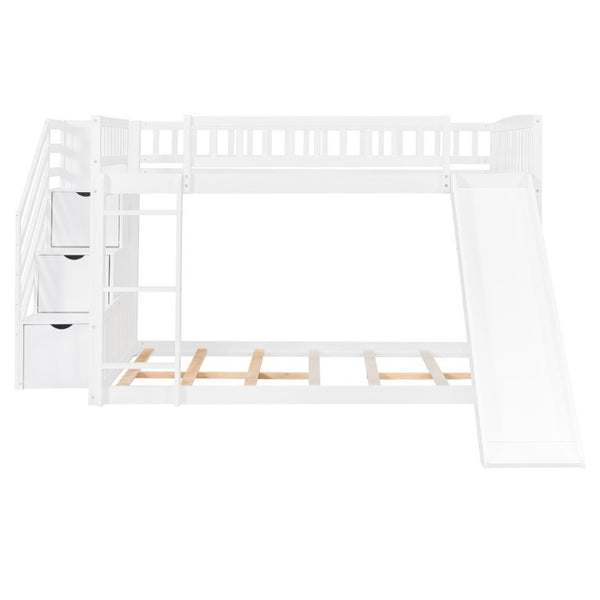 English Elm Stairway Full Over Bunk Bed with Slide Three Drawers and Pine Frame for Kids White LT000774AAK