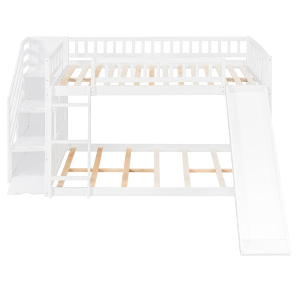 English Elm Stairway Full Over Bunk Bed with Slide Three Drawers and Pine Frame for Kids White LT000774AAK