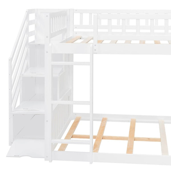 English Elm Stairway Full Over Bunk Bed with Slide Three Drawers and Pine Frame for Kids White LT000774AAK
