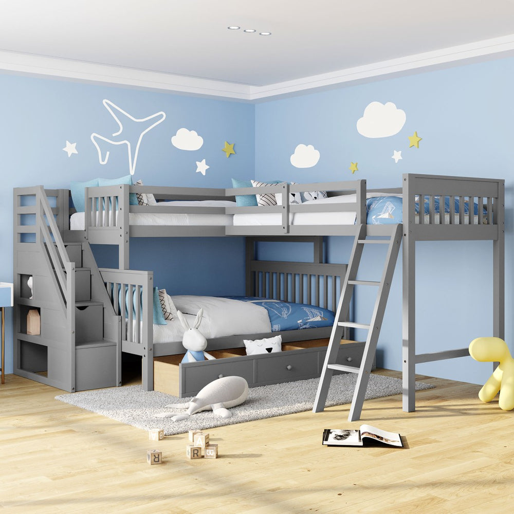 English Elm Twin Over Full L Shaped Bunk Bed with Staircase Storage Drawers and Pinewood Frame Gray LT000810AAE-2