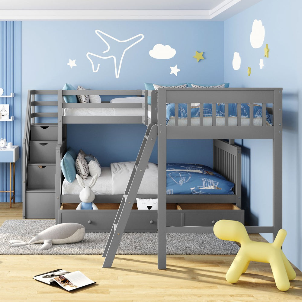 English Elm Twin Over Full L Shaped Bunk Bed with Staircase Storage Drawers and Pinewood Frame Gray LT000810AAE-2