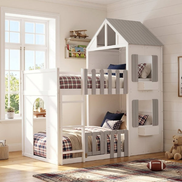 English Elm Twin Over House Bunk Bed Pine Frame Architectural Kids Shared Bedroom Gray LT000928AAE