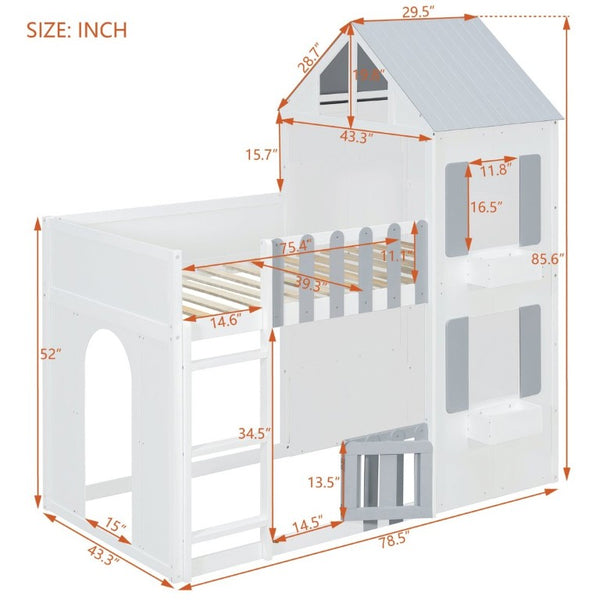 English Elm Twin Over House Bunk Bed Pine Frame Architectural Kids Shared Bedroom Gray LT000928AAE