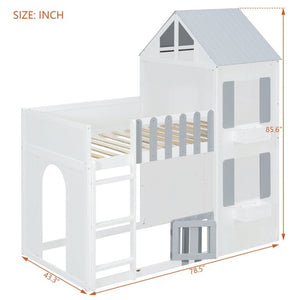 English Elm Twin Over House Bunk Bed Pine Frame Architectural Kids Shared Bedroom Gray LT000928AAE