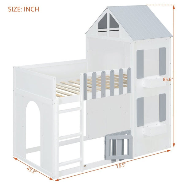 English Elm Twin Over House Bunk Bed Pine Frame Architectural Kids Shared Bedroom Gray LT000928AAE