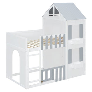 English Elm Twin Over House Bunk Bed Pine Frame Architectural Kids Shared Bedroom Gray LT000928AAE