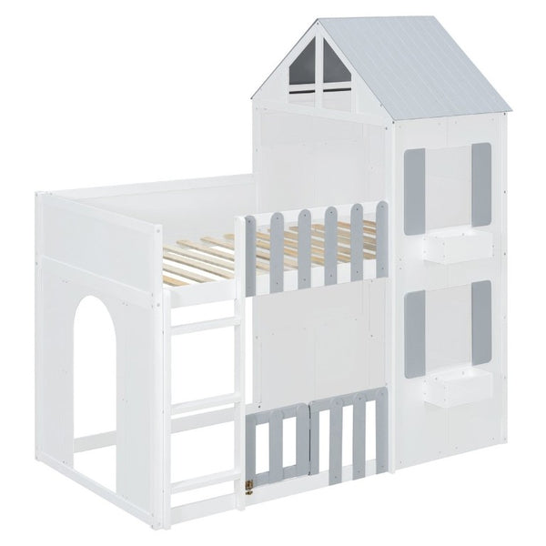 English Elm Twin Over House Bunk Bed Pine Frame Architectural Kids Shared Bedroom Gray LT000928AAE