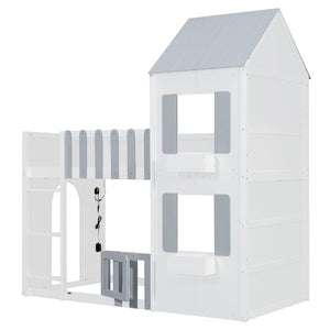 English Elm Twin Over House Bunk Bed Pine Frame Architectural Kids Shared Bedroom Gray LT000928AAE