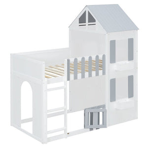 English Elm Twin Over House Bunk Bed Pine Frame Architectural Kids Shared Bedroom Gray LT000928AAE