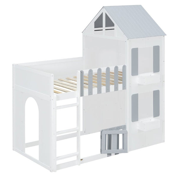 English Elm Twin Over House Bunk Bed Pine Frame Architectural Kids Shared Bedroom Gray LT000928AAE