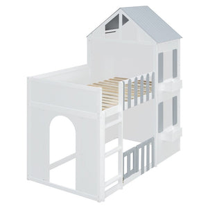 English Elm Twin Over House Bunk Bed Pine Frame Architectural Kids Shared Bedroom Gray LT000928AAE