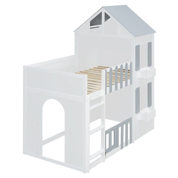 English Elm Twin Over House Bunk Bed Pine Frame Architectural Kids Shared Bedroom Gray LT000928AAE