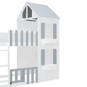 English Elm Twin Over House Bunk Bed Pine Frame Architectural Kids Shared Bedroom Gray LT000928AAE