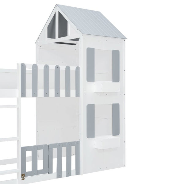 English Elm Twin Over House Bunk Bed Pine Frame Architectural Kids Shared Bedroom Gray LT000928AAE