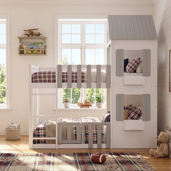 English Elm Twin Over House Bunk Bed Pine Frame Architectural Kids Shared Bedroom Gray LT000928AAE