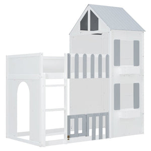 English Elm Twin Over House Bunk Bed Pine Frame Architectural Kids Shared Bedroom Gray LT000928AAE
