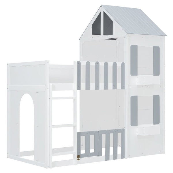 English Elm Twin Over House Bunk Bed Pine Frame Architectural Kids Shared Bedroom Gray LT000928AAE