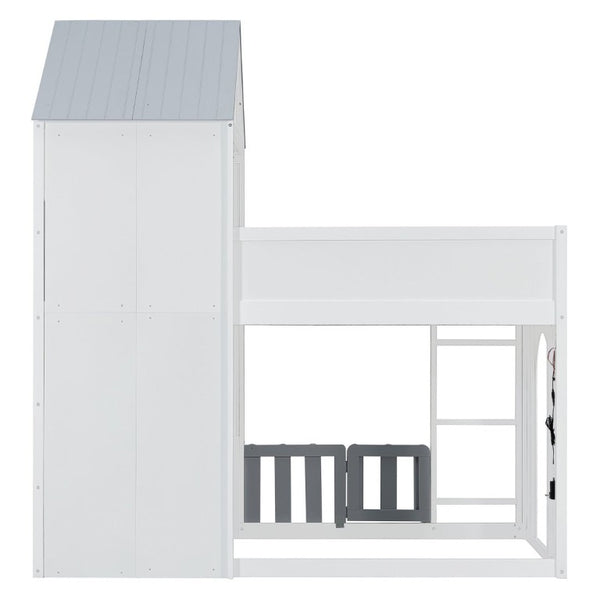 English Elm Twin Over House Bunk Bed Pine Frame Architectural Kids Shared Bedroom Gray LT000928AAE