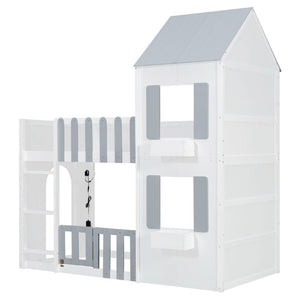 English Elm Twin Over House Bunk Bed Pine Frame Architectural Kids Shared Bedroom Gray LT000928AAE