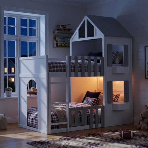 English Elm Twin Over House Bunk Bed Pine Frame Architectural Kids Shared Bedroom Gray LT000928AAE