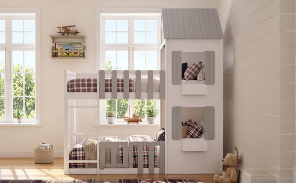 English Elm Twin Over House Bunk Bed Pine Frame Architectural Kids Shared Bedroom Gray LT000928AAE