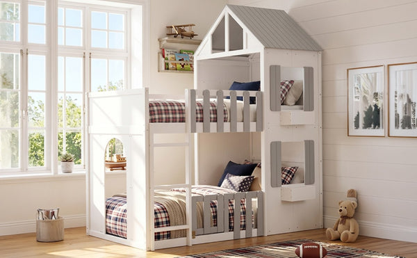English Elm Twin Over House Bunk Bed Pine Frame Architectural Kids Shared Bedroom Gray LT000928AAE