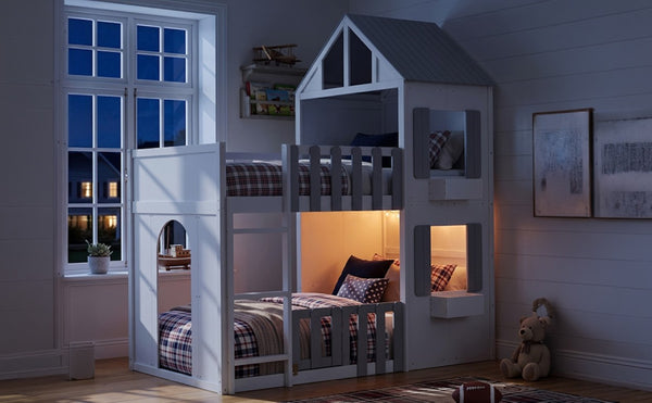 English Elm Twin Over House Bunk Bed Pine Frame Architectural Kids Shared Bedroom Gray LT000928AAE